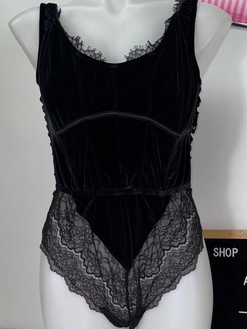 Victoria's Secret Black Velvet & Lace Bandeau Bodysuit